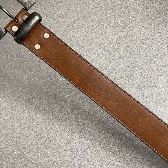 Vtg Another Line Leather Belt Brown Distressed 1.5" Made in USA Copper? Buckle - Picture 3 of 10